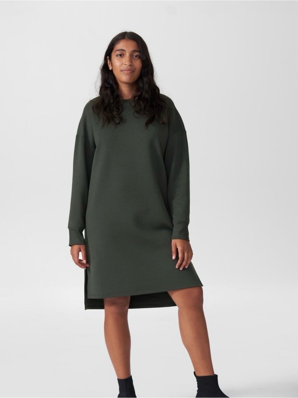 Universal Standard Relaxed Crewneck Sweatshirt Dress in Olive Green